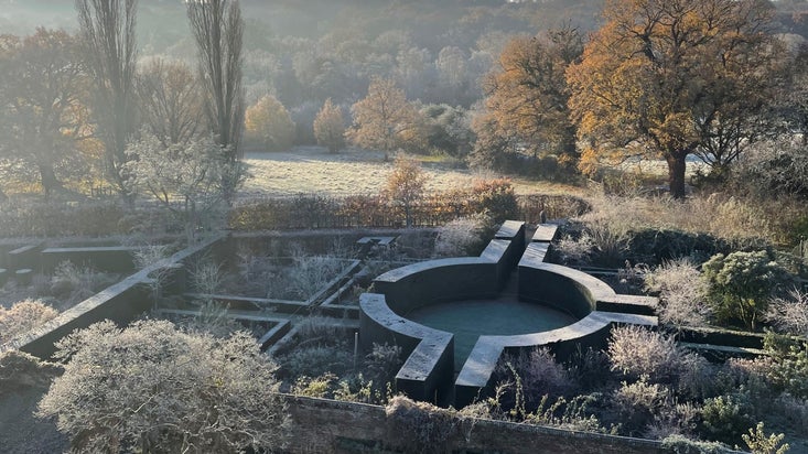 A frosty view of Sissinghurst's Rose Garden roundel from the top of the Tower